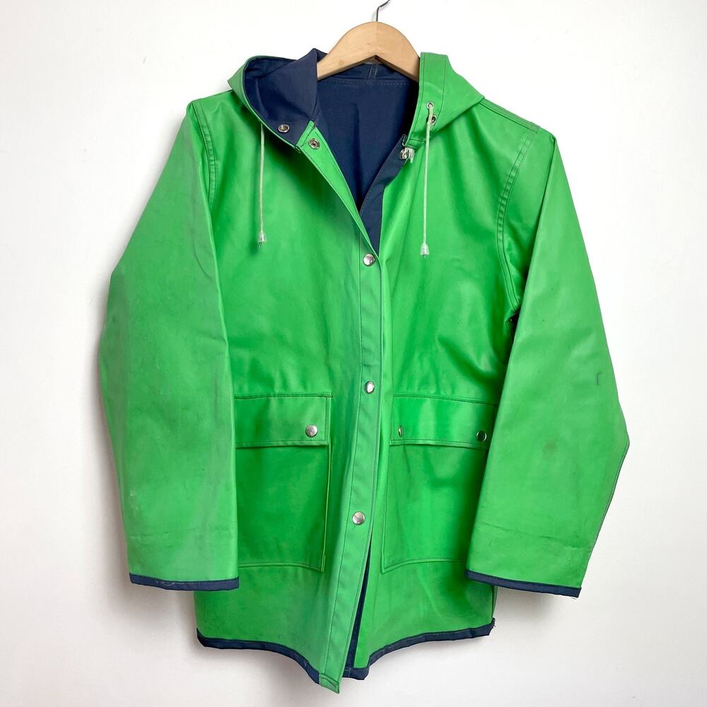 Vintage 80s 90s Reversible Rain Jacket Medium Green Navy Preppy Fisherman Hooded